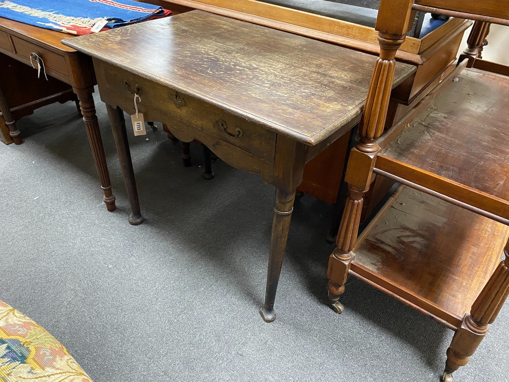 A George III oak side table with single frieze drawer, width 91cm, depth 60cm, height 74cm